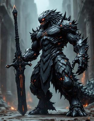 The primary subject of the image is a large, dark, and menacing creature with a sword in its hand. The creature appears to be a demon or a monster, and it is the main focus of the image. The setting is a dark, possibly underground environment, with the creature standing in front of a stone wall. The visual style of the image is digital art, as it is a detailed and intricate depiction of the creature. The colors and mood of the image are dark and ominous, with the creature'